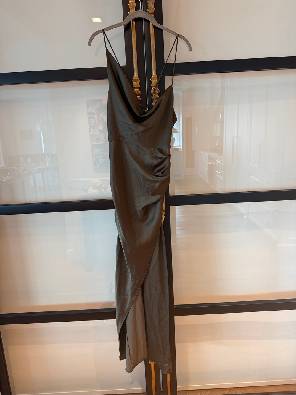 Olive Satin Cowl-Neck Midi Slip Dress with Draped Side
